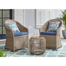 Stylewell Florence 3 Piece Wicker Outdoor Patio Bistro Set With Blue Cushions 65 Mh313 The Home Depot Outdoor Bistro Set Small Patio Furniture Bistro Set