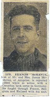 McManus, John Francis Trooper British Columbia Regiment Royal Canadian  Armoured Corps C/102995