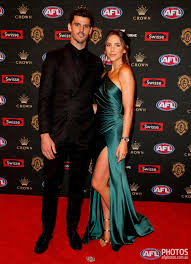 AFL - Scott Pendlebury of the Magpies and wife Alex Pendlebury arrive  during the 2018 Swisse Brownlow Red Carpet arrivals at Crown Palladium on  September 24, 2018 in Melbourne, Australia. (Photo by