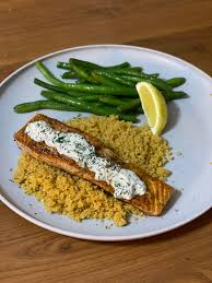 Let sit covered 5 minutes. Mediterranean Salmon With Creamy Dill Sauce Green Beans Za Atar Couscous It Was So Good Hellofresh
