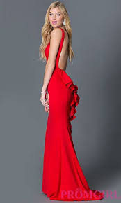 Red Open Back Floor Length Dress With Back Ruffles At Promgirl Com Xscape Red Dress Red Prom Dress Dresses