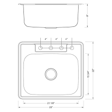 Standard dimensions of countertop and sink are: Emoderndecor Top Mount Drop In Stainless Steel 18 Gauge 25 In X 22 In X 9 In Deep 4 Faucet Holes Single Bowl Kitchen Sink Alts 2522 The Home Depot