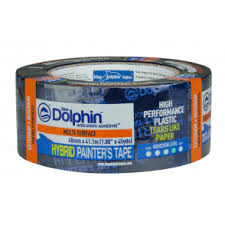 Blue dolphin polyhanging & seaming tape will stick to plastic sheeting forever, but will *not* lift paint from walls nor damage wood. Poly Hanging Seaming Tape 60mm W X 25m L