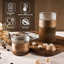 Amazon.com | Kingdong 410ml Japanese Style High Borosilicate Glass Coffee  Cup, Wooden Bamboo Grip Ring Heat-resistant Water Drink Coffee Cup,  Vertical Pattern Cylindrical: Teacups