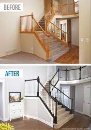 How To Stain Paint An Oak Banister The Shortcut Method No Sanding Needed Stair Remodel Stair Railing Makeover Staircase Remodel