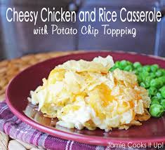 In a bowl, mix cream of chicken soup, cooked chicken, partially cooked wide egg noodles, milk, frozen peas, drained and diced, drained pimentos. Cheesy Chicken And Rice Casserole With Potato Chip Topping Jamie Cooks It Up Family Favorite Food And Recipes