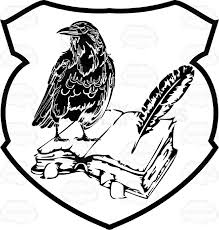 Black And White Raven Drawing Black And White Raven On Top Of Open Book With Feather Quill Pen Coat Of Arms Inside Geometric Plaque Shield Achievem Feather Quill Pen Coat Of Arms Quill Pen