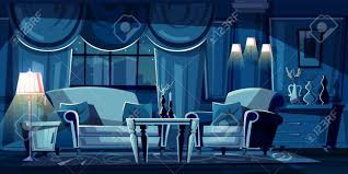 Tv, desk, hotel, living room, bedroom, and where you like, etc. Vector Cartoon Illustration Of Dark Living Room At Night Modern Interior With Sofa Armchair And Decorations Nightstand With Torchiere Lamp Window With Curtains In Moonlight Concept Background Royalty Free Cliparts Vectors And
