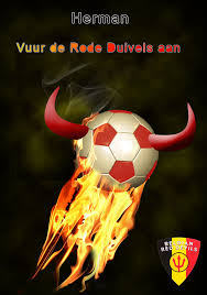 Origineel mascottepopje van de rode duivels. Rode Duivels Voetbal Rood