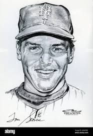 Portrait of New York Mets player Tom Seaver from the 1969 Miracle Mets team  that won the World Series by artist Stark and released as a souvenir  portfolio by The News of