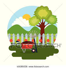 | view 453 garden fence illustration, images and graphics from +50,000 possibilities. Gardening Scene Wheelbarrow Pitchfork Tree Flowers And Fence Clipart K55365335 Fotosearch