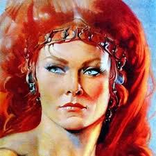 Red Sonja portrait by Frank Frazetta, sly smile.