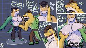 332646 - suggestive, artist:omyuriceart, gummigoo (the amazing digital  circus), crocodile, crocodilian, reptile, anthro, the amazing digital  circus, spoiler, spoiler:the amazing digital circus, bulge, dialogue, duo,  duo male, fondling, glitch ...