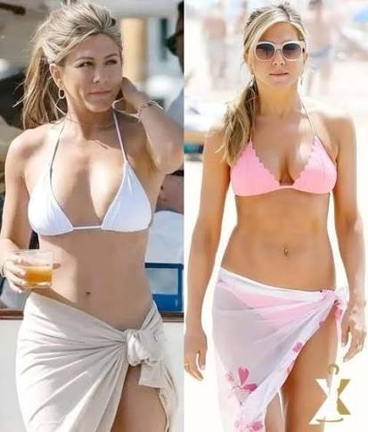 A stunning compilation showcasing Jennifer Aniston's timeless bikini body  and style evolution at different points in her life. The left image  features a classic white string bikini with a beige sarong, reflecting