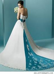 White Blue Strapless Wedding Dress With A Chapel Train Green Wedding Dresses Blue Wedding Dresses Best Wedding Dress Designers