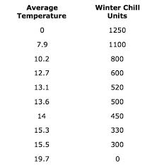 In order to bloom in spring and then produce fruit, deciduous fruit trees such as peaches, plums, and nectarines, and some varieties of berry bushes, such as blueberries, require a dormancy period during winter with a certain number of chilling hours; Chill Units