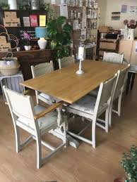 Old Charm Dining Table Chairs Painted In Frenchic Upholstery Country Hare Fabric Dining Table Dining Table Chairs Oak Dining Table