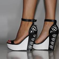 Black And White Wedges Heels Women S Black And White Wedge Sandals Grid Printed Ankle Strap Sanldals Leather Wedge Sandals White Wedge Sandals Black And White Wedges