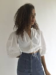 Vintage White Puff Sleeve Shirt Crop Folk Blouse Shirt Fashion White Blouse Top Vintage Outfits
