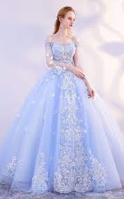 Newest Ball Gown Long Light Blue Princess Prom Dresses With Sleeves Elegant Quinceanera Dresses Dresses For Teens From 21weddingdresses In 2021 Princess Ball Gowns Ball Dresses Disney Prom Dresses