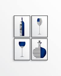 Blue Gray Geometric Wine Decor Set Modern Wine Art Geometric Etsy Wine Wall Art Wine Print Wine Wall Art Decor