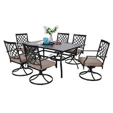 Go for a transitional design with a selection featuring a dark bronze metal finish and elegant curved lines. Specification Size Rectangle Table L60 X W37 8 X H28 Swivel Chair Seat Width 20 Seat Metal Dining Set 7 Piece Dining Set Patio Dining Set