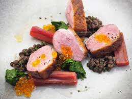 Place duck breast side down (wings up) on a rack in a skillet; Duck Breast Lentils Rhubarb And Tangerine Flavour Pearls Peninsula Larder