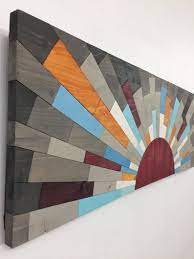 Wood Wall Art Under The Boardwalk 36x12 Contemporary Mid Century Modern Wooden Sun Art Blue Yellow Grey Beach Art In 2021 Wood Art Wood Wall Art Wooden Wall Art