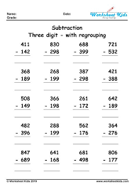 3 digit subtraction with regrouping worksheets for 2nd and 3rd grade pdf