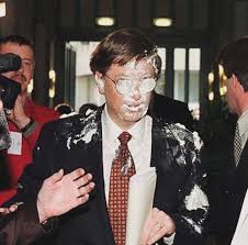 Bill Gates gets a pie thrown at his face. In February 1998, meeting with  European business leaders in Brussels, Gates was hit in the face with a  cream pie by Noël Godin