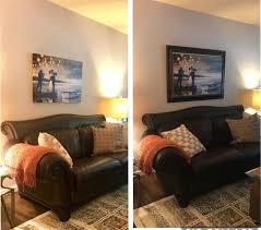 Make sure there is no less than 3.5′ and no more than 10′ of space between seating. Too Small Artwork Over Sofa
