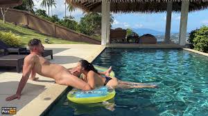 Holiday pool handjob with a view