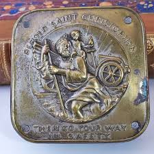 Antique St Christopher Auto Plaque On Wood Embossed Etsy Saint Christopher Rv Campers Emblems
