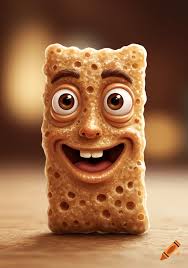 A textured, light brown cereal puff or cracker with large cartoon eyes and  a wide, toothy smile, making a silly face.