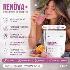 RENÖVA+ es un suplemento premium formulado con biopéptidos activos de  colágeno, resveratrol, Q10, zinc, magnesio, vitaminas y fibra natural. Un  combo pensado para acompañarte todos los días: ✨ Piel más firme y