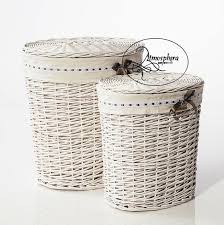 Cesto Portabiancheria Ovale Fiocco Vimini Bianco Foderato Shabby Chic Set 2pz Cesti Portabiancheria Shabby Vimini