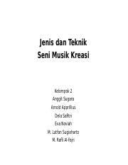 1.1 mengolah, menalar, menyajikan dan mencipta seni musik dalam ranah konkret dan ranah abstrak terkait dengan pengembangan dari yang dipelajarinya di sekolah secara mandiri, bertindak secara efektif dan kreatif, dan mampu menggunakan metode sesuai dengan kaidah keilmuan. Senbud Kel 2 Pptx Jenis Dan Teknik Seni Musik Kreasi Kelompok 2 Anggit Sugara Arnold Apprillius Dela Safitri Eva Noviah M Lutfan Sugiaharto M Rafli Course Hero