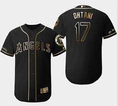 S, m, l, xl, 2x (xxl), 3x (3xl). Angels 17 Shohei Ohtani Black Gold Flexbase Jersey