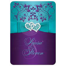 Wedding Invitation Purple Aqua White Floral Printed Ribbon Double Jeweled Hearts Purple Wedding Invitations Trendy Wedding Invitations Aqua Blue Wedding Theme