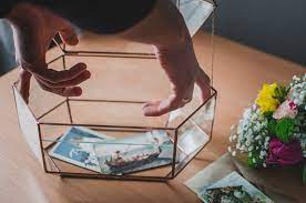 Tube to hold flower stems connected to the base. A Geometric Glass Wedding Bouquet Display Box From Leosklo