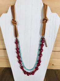 Turquoise And Red Stone Bead Fringe Leather Necklace Crystal Beads Handmade Jewelry Leather Necklace Diy Necklace