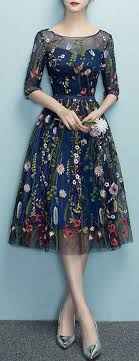 Tailles S Xl Robe Bleu Marine Brodee Belle Robe Vintage Mi Longue Les Robes Sifon Elbise Elbiseler Elbise