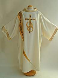 White Dalmatic Curvilinear Design With Cross And Wedding Rings Hand Appliqued Applique Edged In Gold Embroidery Catholic Deacon Deacon Vestment