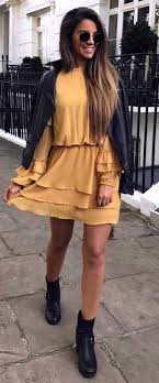 Black And Yellow Skirt Outfit Beautiful Outfit Idea Black Jacket Yellow Dress Boots Elegant Summer Outfits Yellow Skirt Outfits Casual Skirt Outfits