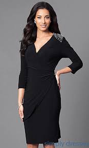 Black Dress 3 4 Sleeve Knee Length Mock Wrap Knee Length 3 4 Sleeve Semi Formal Dress Dresses Cheap Party Dresses Wedding Guest Dress