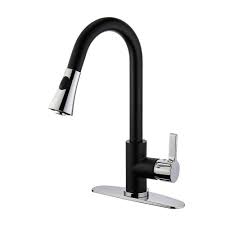 In our experience, matte black has less issues with spotting than a shinier finish. Kingston Brass Modern Single Handle Pull Down Sprayer Kitchen Faucet In Black And Chrome The Home Depot Canada