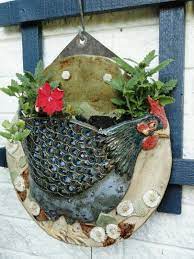 Ceramic Chicken Garden Plant Holder Wall Hanging Blue Glaze Stoneware Fired Pottery Animals Pottery Pottery Handbuilding