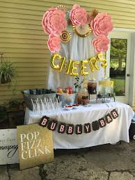Lee S Bridal Shower Pink And Gold Mimosa Bar With Diy Paper Flowers And Bubbly Bar Banner Bridal Shower Brunch Bridal Shower Bridal Shower Food