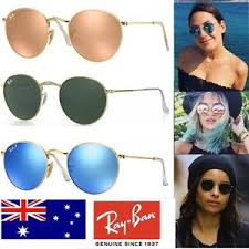 Eyeglasses and sunglasses lens material: New Ray Ban Round Metal Gold Frame Rb 3447 Pink Mirror Blue Mirror Green G 15 Ebay