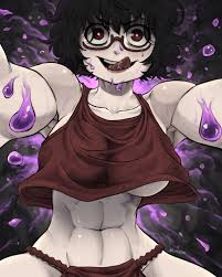 limn044, sally (black clover), black clover, absurdres, highres, 1girl,  abs, black hair, breasts, drooling, girl on top, glasses, large breasts,  looking at viewer, on top of viewer, pov, red eyes, slime (substance),